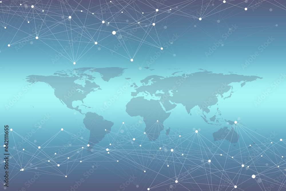 Poster World map with global technology networking concept. Digital data visualization. Lines plexus. Big Data background communication. Scientific illustration.