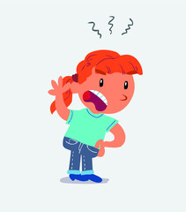 Indigned cartoon character of little girl on jeans vehemently shakes his hand