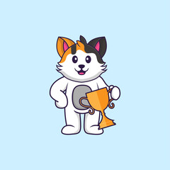 Cute cat holding gold trophy. Animal cartoon concept isolated. Can used for t-shirt, greeting card, invitation card or mascot. Flat Cartoon Style