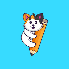 Cute cat holding a pencil. Animal cartoon concept isolated. Can used for t-shirt, greeting card, invitation card or mascot. Flat Cartoon Style