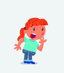 Unpleasantly surprised cartoon character of little girl on jeans looks to the side