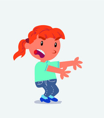 Very angry cartoon character of little girl on jeans pointing at something at side