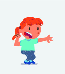 Very angry cartoon character of little girl on jeans pointing at something