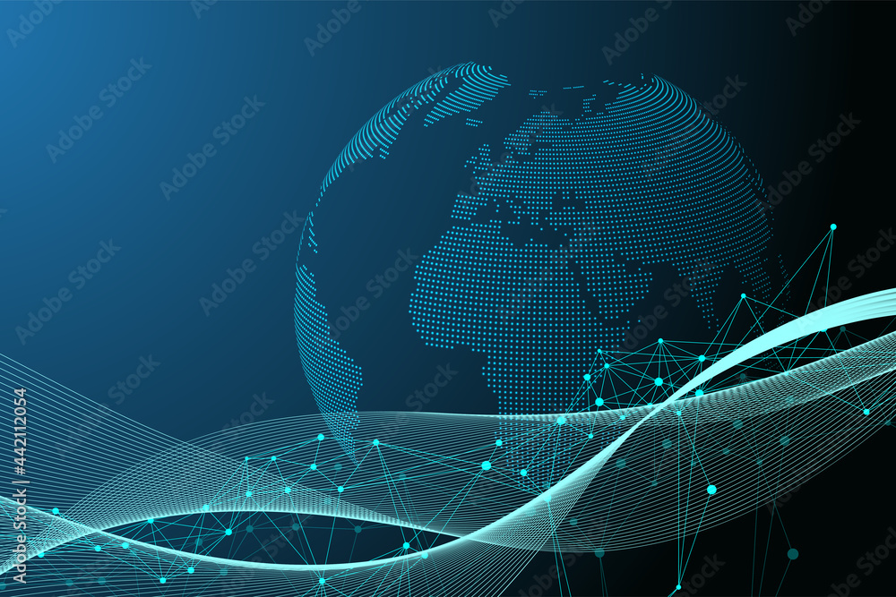 Poster World map point with global technology networking concept. Digital data visualization. Lines plexus. Big Data background communication. Scientific illustration.