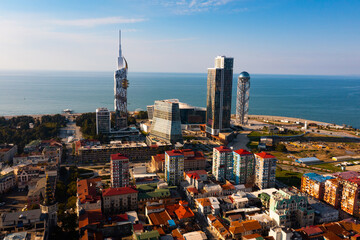 Naklejka premium Top view of the residental quarters of the port city of Batumi, the capital of Adjara, and the Black Sea resort ..of Georgia