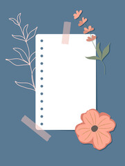 A sheet of notebook paper taped to wall. Note paper, colorful flowers, flower outlines on a blue background. Vector illustration, flat style.