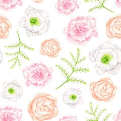 Floral seamless pattern with watercolor flowers. Delicate blush and white eustoma, peach colored peonies and gypsophila plants isolated on white. Botanical background for wrapping, textile, fabrics.