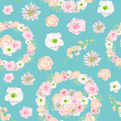 Watercolor floral seamless pattern on bright turquoise blue background. Hand drawn little flowers and wreaths. Botanical endless tile for fabrics, fashion, wrapping, wallpaper.