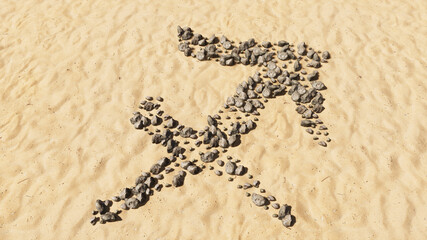 Concept conceptual stones on beach sand handmade symbol shape, golden sandy background, sagittarius zodiac sign. 3d illustration symbol for  esoteric, the mystic, the power of prediction of astrology