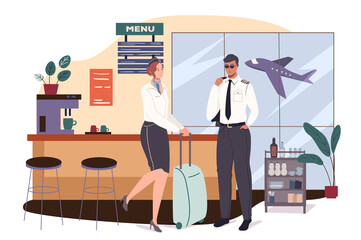 Airport web concept. Aircraft crew is preparing for flight. Stewardess with suitcase and pilot waiting to board plane in cafe. People scenes template. Vector illustration of characters in flat design