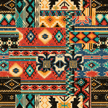 Native American traditional fabric patchwork grunge vector seamless patterns
