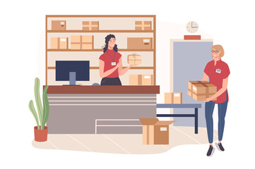 Delivery service web concept. Women work in warehouse. Worker loading and carry parcels. Operator processes orders on computer. People scenes template. Vector illustration of characters in flat design