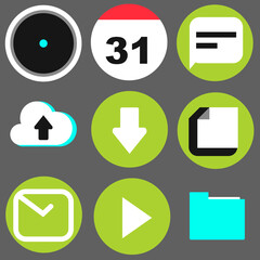 Vector circle icons set in flat style. Camera, calendar, downloads, files, Mail, cloud in green and white colors.