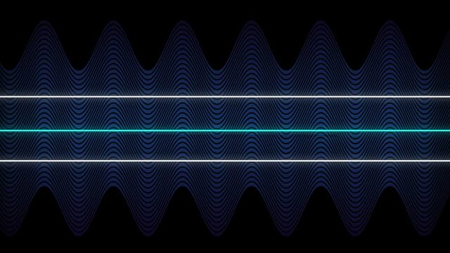 Animation of distorting white and blue horizontal lines over thin blue parallel wavy lines on black