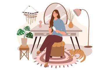 Modern comfortable interior of room web concept. Woman combing hair sitting at dressing table, cozy room with decor and plants. People scenes template. Vector illustration of characters in flat design