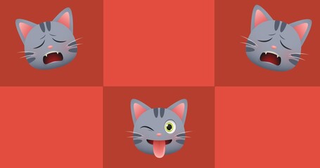 Composition of three cats over red checkered background