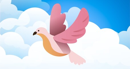 Composition of orange and pink bird flying against clouds on blue background
