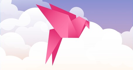 Composition of pink bird flying against clouds on blue background