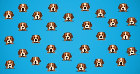 Composition of rows of cute dogs on blue background