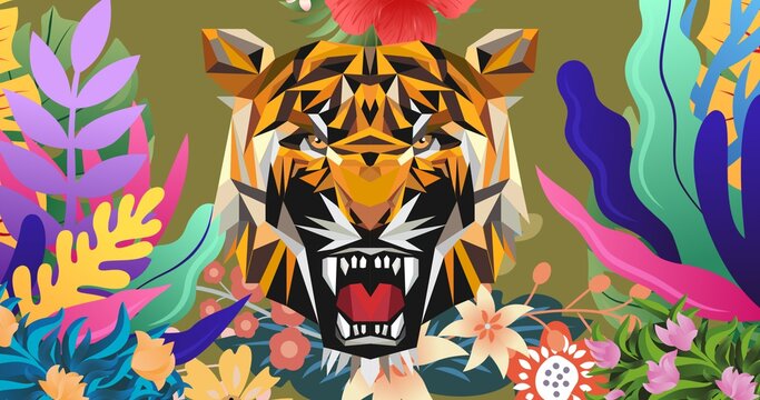 Composition of tiger's head with tropical plants background