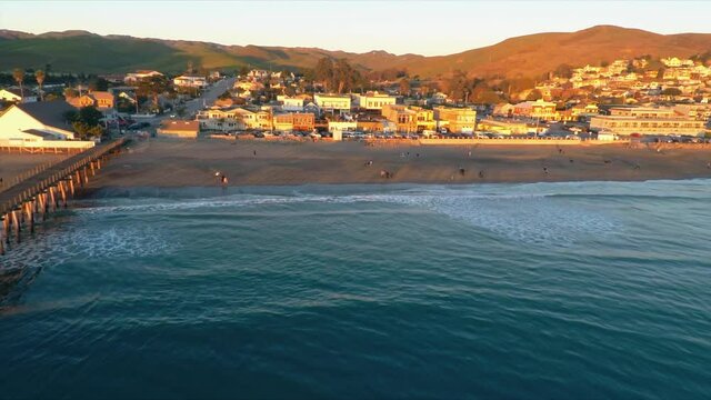 Aerial: Pismo Beach at sunset. California, USA