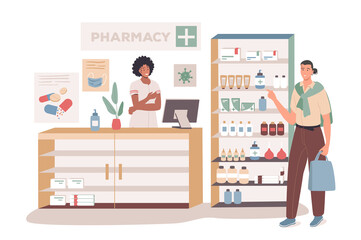 Medical office web concept. Buyer standing in pharmacy, medicines on shelves, pharmacist consults patient, doctor prescription. People scenes template. Vector illustration of characters in flat design