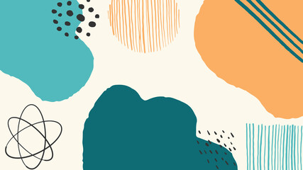 Abstract colourful trendy universal boho Scandinavian artistic background templates with brush blob and dot. Good for cover, invitation, banner, placard, brochure, poster, card, flyer and other.