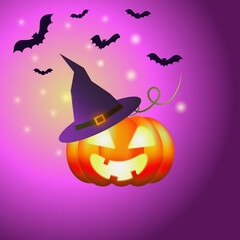 a glowing sinister pumpkin in a witch's hat and bats around it