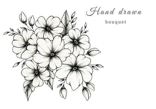Vintage floral bouquet isolated on white, springtime blossom composition, hand drawn beautiful botanic illustration and black ink floral sketch for cards, greetings, prints, weddings or invites