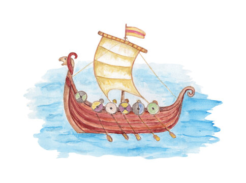 Watercolor illustration with vikngs drakkar.
