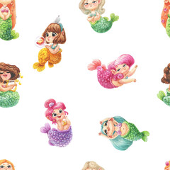 Seamless watercolor pattern with cute multiracial girls mermaids, sea elements, sea stars, fishes, flowers etc Girls Mermаids Pattern 