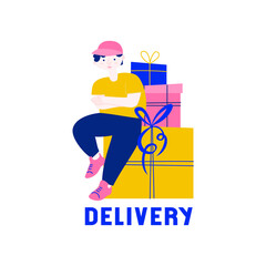 Delivery of goods from the online store to home. A young man in a cap standing near boxes. Simple vector flat illustration with courier package