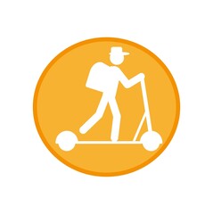 The courier rides on an electric scooter. A courier on a scooter delivers hot meals. The food delivery icon.