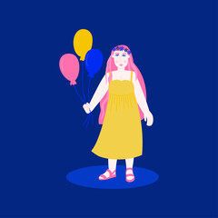 A girl holding air balloons in her hand. Simple vector flat illustration with a young woman going to a birthday party