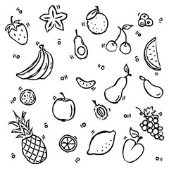 Vector set icons with fruits. Doodle vector with fruits icons on white background. Vintage vegetarian set icons, sweet elements background for your project, menu, cafe shop. 