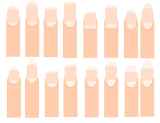 Fingers and nails.Different nail shapes.Ads for beauty salons.Sign, symbol, icon or logo.Flat design.Vector illustration.Set of hand gestures.