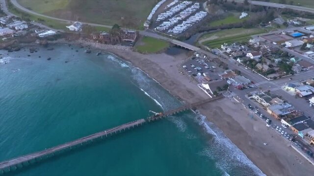 Aerial: Pismo Beach at sunset. California, USA