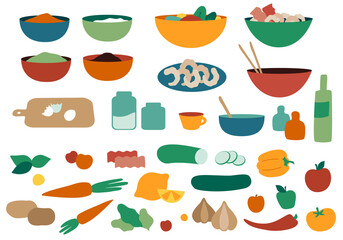 Set of bowls and food items. Cooking ingredients and ready meals. Bowls, plates of food, jars and bottles, vegetables, herbs, eggs, shrimps. Flat cartoon style. Isolated on white background. Vector.