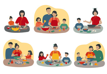 Vector Set of Asian people preparing food. Smiling parents and children cooking at home. Mother, father, daughter, son cook different food in the kitchen. Cartoon flat style. Isolated on a white.