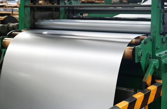 Cold rolled steel sheet on plate rolling machine in factory.