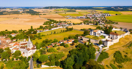 Top view of medieval Villebois-Lavalette castle. Charente department. France