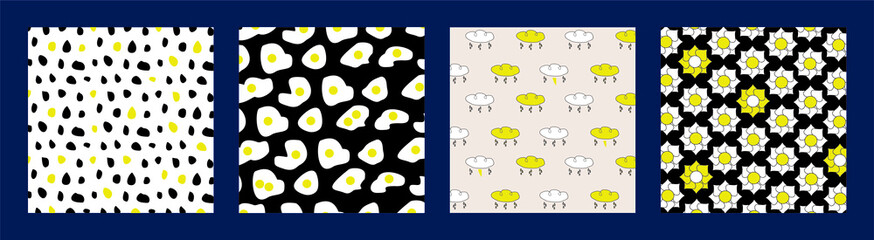 Fototapeta premium Hand drawn Doodle Cloud, Rain, Fried eggs, Flowers, Dots. Trendy Vector illustrations. Set of four Square abstract Seamless patterns. Background, Wallpaper, wrapping paper templates.