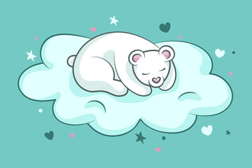 Cute little bear. Baby bear sleeping on the cloud. Hand drawn vector illustration of a cute bear sleeping on the cloud.