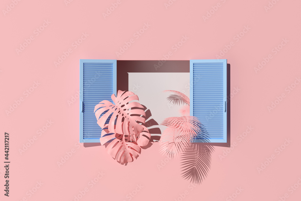 Poster minimal scene of blue window and plants on pink wall background. 3d rendering.