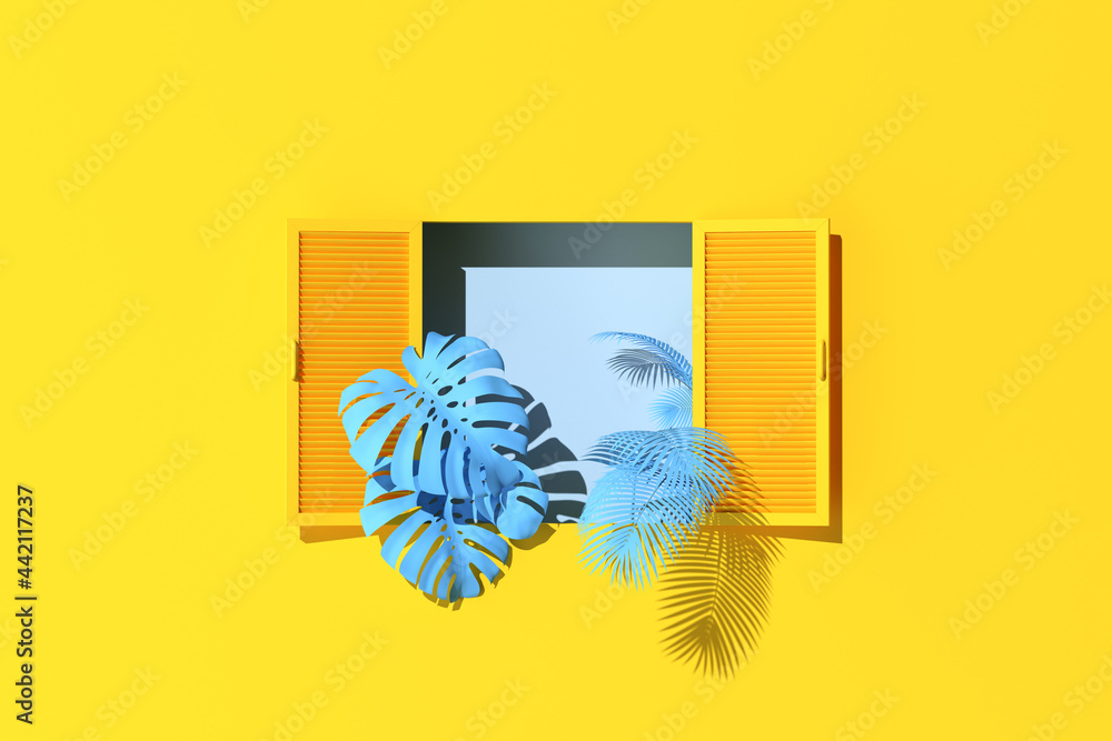 Aufkleber minimal scene of window and blue plants on yellow wall background. 3d rendering.