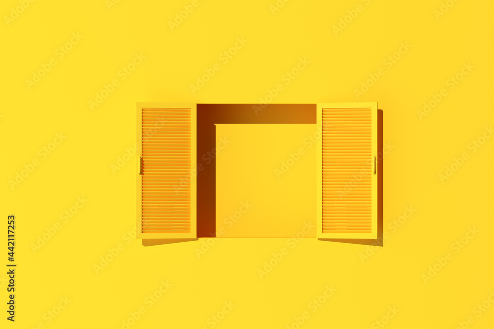 Poster minimal scene of window on yellow wall background. 3d rendering.