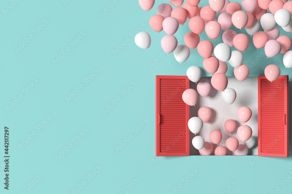 Poster Minimal scene of red window and floating balloons on green wall background. 3d rendering.