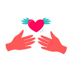 Love and compassion hand drawn vector illustration. Hands holding heart isolated on white background. Valentine day, romantic holiday symbol. Charity work, philanthropy, social aid design element