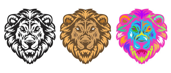 Collection lion head in hand drawn sketch style isolated on white background. Modern graphic design element for label or poster. Vector art illustration.