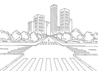 Fototapeta premium Crossroads street road graphic black white city landscape sketch illustration vector 